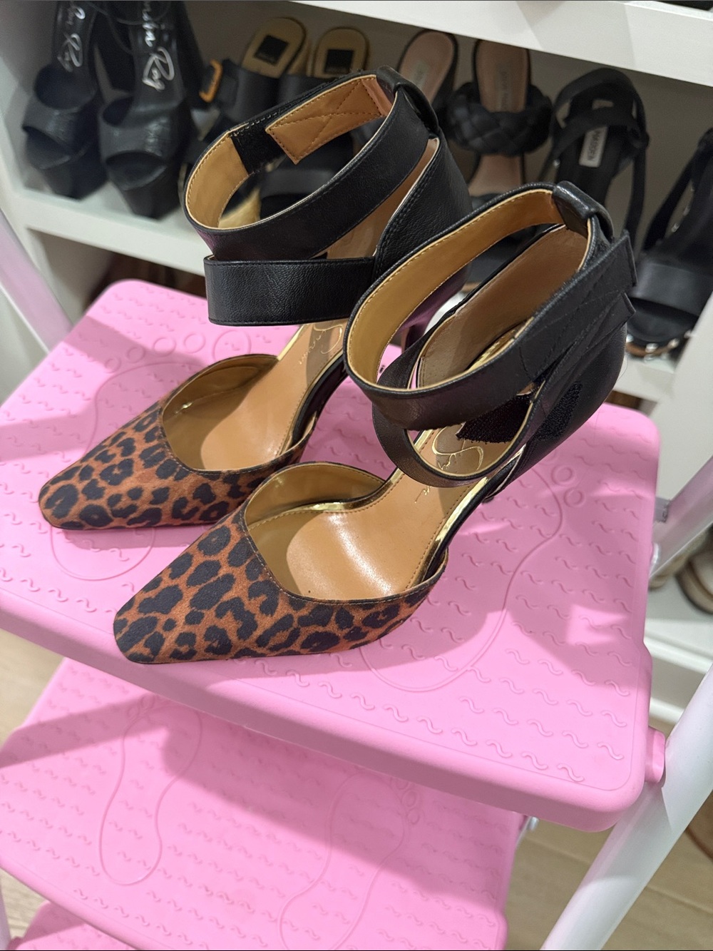 Jessica Simpson Leopard Pointed-Toe Ankle-Strap Heels - Black & Brown